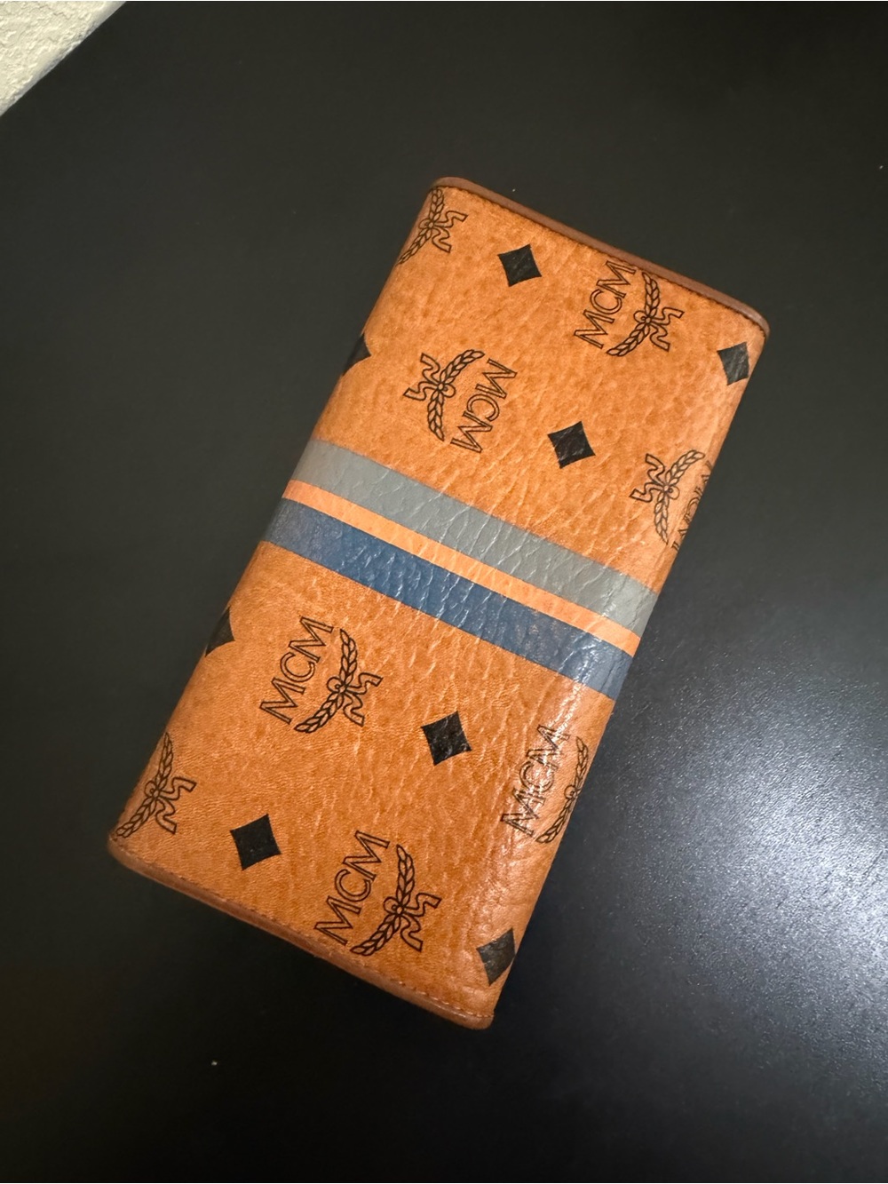 MCM Cognac Logo Continental Wallet with Blue and Gray Stripes - Picture 2 of 3